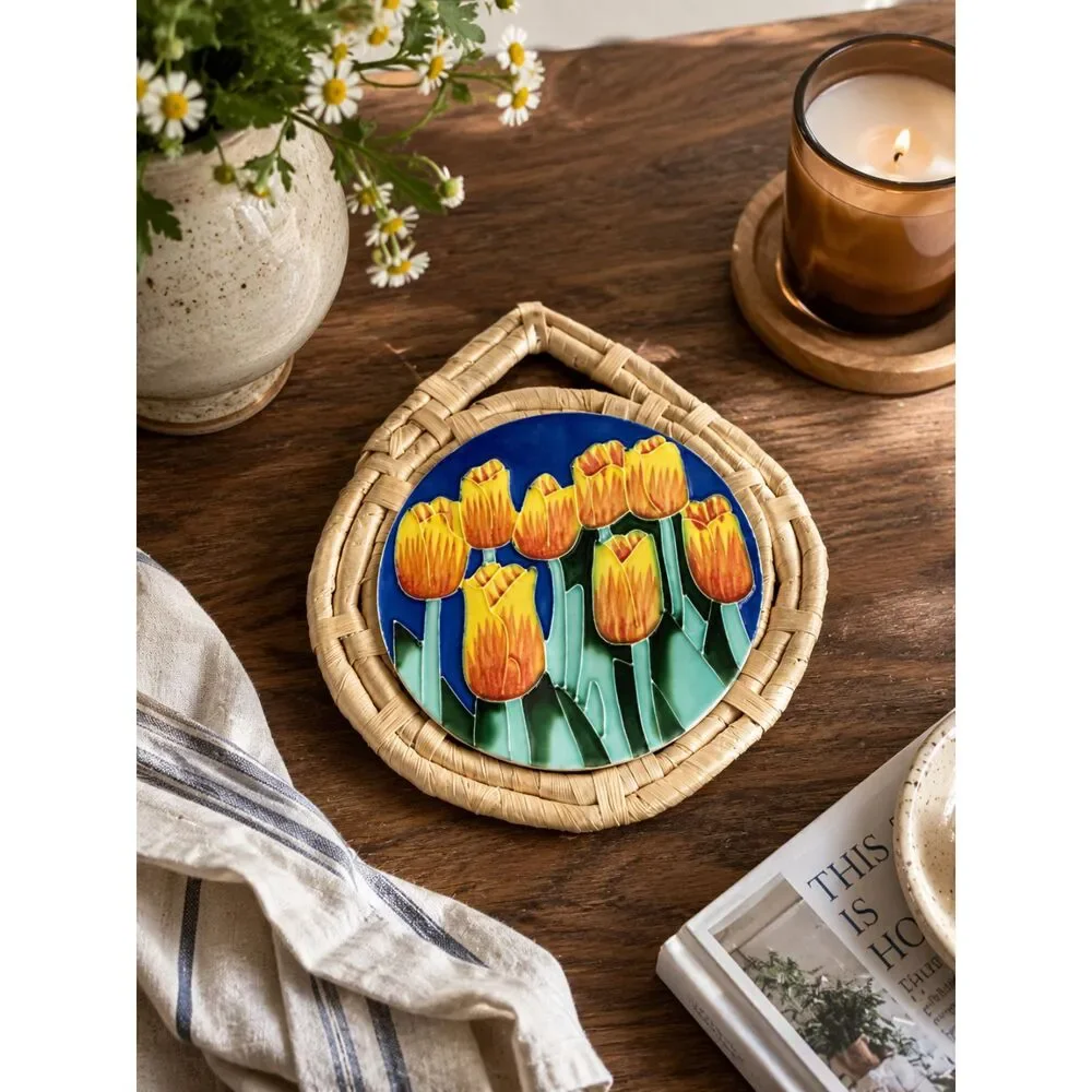 Hand Painted Tulip Tile Trivet Wicker Wall Hanging Dutch Cottagecore Kitchen